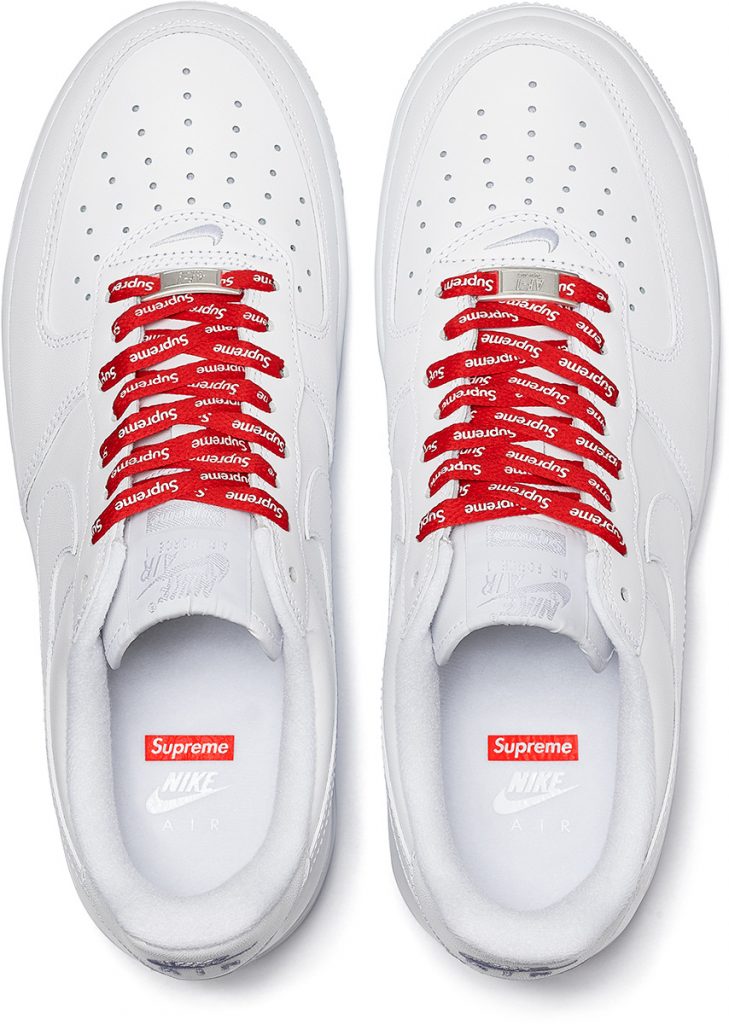 White Supreme Air Force 1 with Red Supreme Branded laces
