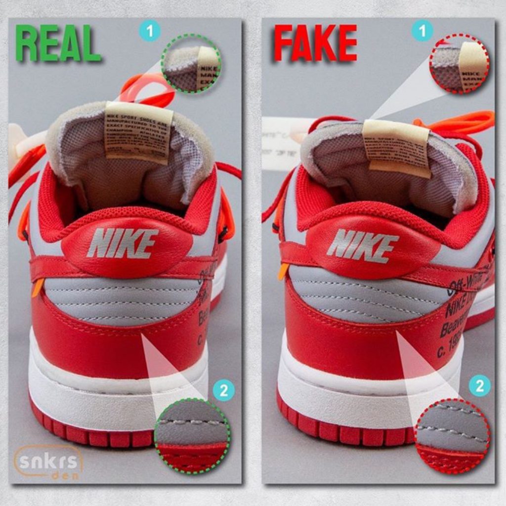 Real Vs Fake Off-White x Nike Dunk Low University Red